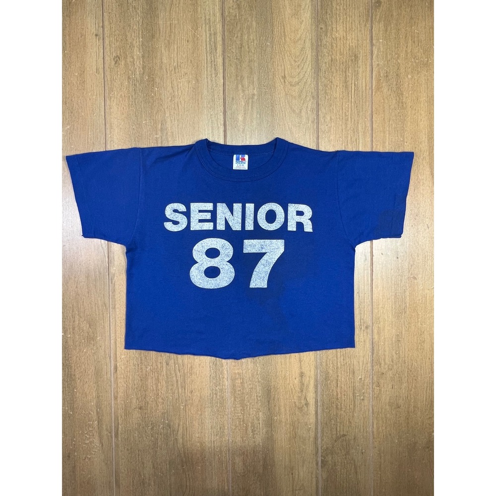 Vintage Russell Athletic Senior 87 Cropped T-Shirt Blue 80s Made in USA Small